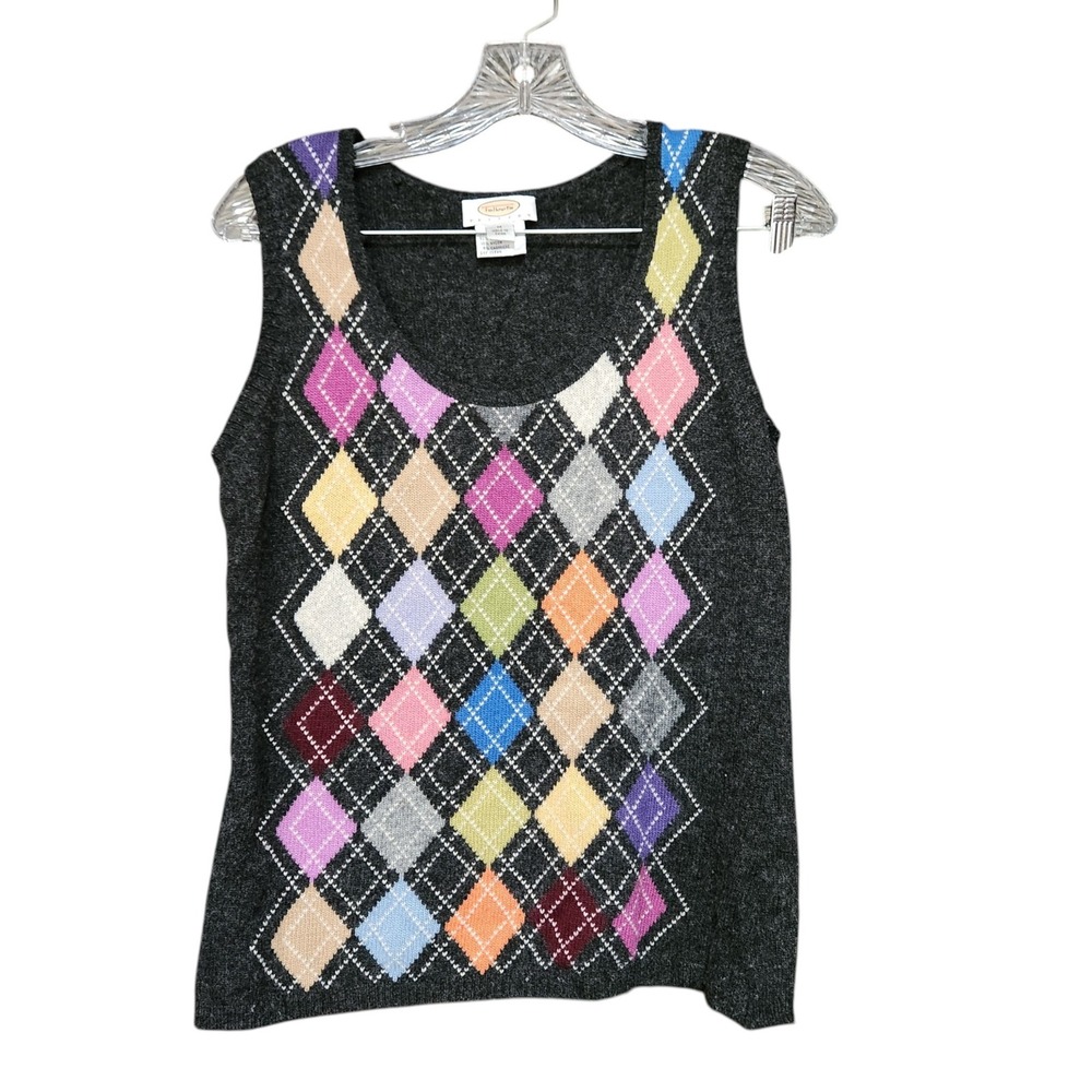 Talbots Argyle Sweater Vest Gray Multi Lambswool Cashmere Blend Medium P
